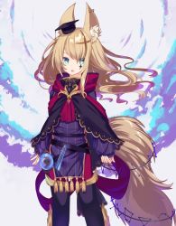 Rule 34 | 1girl, animal ear fluff, animal ears, bad id, bad pixiv id, black capelet, black thighhighs, blue eyes, capelet, commentary request, dress, facial mark, floating hair, fox ears, fox girl, fox tail, gold trim, hair between eyes, hat, highres, lace-trimmed capelet, lace trim, large tail, light brown hair, long hair, long sleeves, mini hat, mortarboard, nyori, original, parted lips, pelvic curtain, pinching sleeves, purple dress, sleeves past wrists, solo, standing, tail, thighhighs, tilted headwear, very long hair