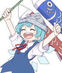 Rule 34 | 1girl, absurdres, arms up, blue dress, blue hair, blush stickers, cirno, closed eyes, collared shirt, detached wings, dress, fairy, highres, ice, ice wings, kame (kamepan44231), kodomo no hi, koinobori, open mouth, paper hat, paper kabuto, shirt, short hair, short sleeves, simple background, smile, solo, touhou, white background, white shirt, windsock, wings
