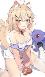 Rule 34 | 1girl, ahoge, alheitrakzoth, animal ear fluff, animal ears, blonde hair, blush, box, breasts, cat ears, cat tail, cleavage, commentary, dress, facial mark, gift, gift box, hair ornament, hairpin, heart, heart-shaped box, highres, indie virtual youtuber, jacket, looking at viewer, multicolored hair, off shoulder, open mouth, orobou, pink jacket, purple hair, red eyes, shoes, shyrei faolan, simple background, sitting, small breasts, streaked hair, tail, tail wagging, thighhighs, virtual youtuber, wariza, white background, white dress, white thighhighs, x hair ornament