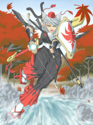 Rule 34 | 1girl, animal ears, autumn, autumn leaves, bad id, bad pixiv id, bow, detached sleeves, energy ball, forest, geta, hat, iijima takatoshi, inubashiri momiji, leaf, looking at viewer, nature, open mouth, shield, short hair, silver hair, solo, sword, tokin hat, touhou, tree, water, weapon, wolf ears, yellow eyes