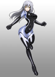 Rule 34 | 1girl, bodysuit, breasts, covered erect nipples, covered navel, full body, fuuki (misty wind), gluteal fold, gradient background, grey hair, highres, large breasts, latex, latex suit, leg up, long hair, open mouth, original, shiny clothes, skin tight, smile, solo, standing, standing on one leg, yellow eyes