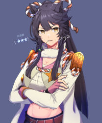 Rule 34 | 1girl, animal ears, bandages, black hair, blue background, breasts, chest sarashi, cleavage, coat, commentary request, crop top, crossed arms, fingerless gloves, gloves, highres, horse ears, kudou (grass crown), large breasts, long hair, looking at viewer, midriff, mouth hold, narita brian (umamusume), navel, open clothes, open coat, pink gloves, sarashi, smile, solo, stomach, umamusume, upper body, very long hair, white coat, yellow eyes