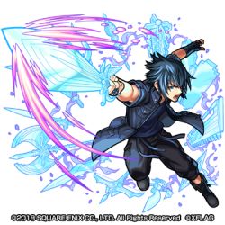 Rule 34 | 10s, black hair, black jacket, boots, final fantasy, final fantasy xv, full body, gloves, glowing, glowing weapon, jacket, looking at viewer, lowres, male focus, monster strike, noctis lucis caelum, official art, short hair, single glove, solo, spiked hair, sword, transparent background, weapon
