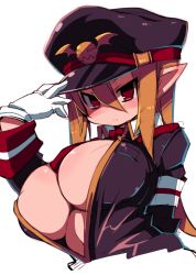 Rule 34 | 1girl, absurdres, arm behind back, blush, breasts, closed mouth, collared shirt, covered erect nipples, disgaea, gloves, hair between eyes, hand on headwear, hand up, hat, highres, huge breasts, jacket, light brown hair, long hair, long sleeves, looking at viewer, makai senki disgaea 3, military, military uniform, necktie, pointy ears, purple hat, purple jacket, red eyes, red necktie, salvatore (disgaea), shirt, simple background, solo, uniform, upper body, white background, white gloves, wing collar, zankuro
