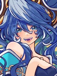 Rule 34 | 1girl, :d, blue eyes, blue hair, detached sleeves, fangs, fingernails, hair between eyes, hair ornament, hand on own chest, highres, kawaguti kappa, league of legends, long hair, looking at viewer, open mouth, sidelocks, smile, solo, sona (league of legends), teeth, upper body, very long hair