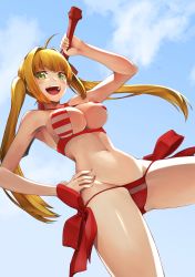 Rule 34 | 1girl, ahoge, bad id, bad pixiv id, bikini, blonde hair, breasts, cleavage, cloud, criss-cross halter, day, fate/grand order, fate (series), green eyes, hair intakes, halterneck, highres, large breasts, long hair, looking at viewer, navel, nero claudius (fate), nero claudius (fate) (all), nero claudius (swimsuit caster) (fate), open mouth, rourou ill, side-tie bikini bottom, smile, solo, striped bikini, striped clothes, swimsuit, sword, twintails, weapon