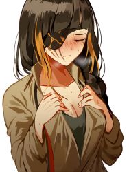 Rule 34 | 1girl, black hair, blonde hair, blush, braid, breasts, cleavage, collared shirt, eyepatch, closed eyes, girls&#039; frontline, hands on own chest, long hair, long sleeves, m16a1 (girls&#039; frontline), medium breasts, multicolored hair, scar, scar across eye, scar on face, shirt, silence girl, simple background, solo, streaked hair, sweat, upper body
