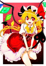 Rule 34 | 1girl, azumaya toushirou, bad id, bad pixiv id, blonde hair, border, bow, bowtie, brooch, commentary request, dress, feet out of frame, flandre scarlet, frilled shirt collar, frills, hair between eyes, hat, hat bow, highres, jewelry, laevatein, leaning forward, looking at viewer, open mouth, outside border, petticoat, pointy ears, puffy short sleeves, puffy sleeves, red background, red bow, red dress, red eyes, short hair, short sleeves, side ponytail, simple background, smile, solo, standing, standing on one leg, touhou, white border, wings, yellow bow, yellow bowtie