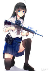 Rule 34 | 1girl, absurdres, ahoge, allenes, aqua eyes, artist name, assault rifle, black footwear, black hair, black thighhighs, blue eyes, blue skirt, bow, bowtie, brown hair, dated, female focus, gun, highres, holding, holding gun, holding weapon, loafers, long hair, looking at viewer, m16, m16a4, neckerchief, on one knee, original, pleated skirt, rifle, school uniform, scope, shadow, shirt, shoes, signature, simple background, skindentation, skirt, solo, thighhighs, trigger discipline, vertical forward grip, very long hair, weapon, white background, white shirt, zettai ryouiki