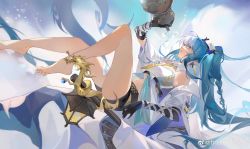 Rule 34 | 1girl, absurdres, arknights, barefoot, beads, black gloves, black shorts, blue eyes, blue hair, blue horns, coat, collar, commentary, detached collar, dragon girl, dragon horns, earrings, elbow gloves, friday xiao xingxing, gloves, gourd, highres, holding, holding gourd, horns, jewelry, ling (arknights), long hair, navel, necktie, open clothes, open coat, shirt, shorts, solo, weibo logo, weibo watermark, white coat, white collar, white shirt, yellow necktie