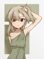 Rule 34 | 1girl, absurdres, arm behind back, arm up, brown eyes, closed mouth, commentary, dress, frown, girls und panzer, green dress, hand in own hair, highres, light brown hair, long hair, midori no gomamugi, one side up, shimada arisu, single strap, sleeveless, sleeveless dress, solo