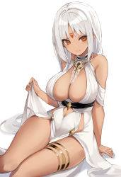 Rule 34 | 1girl, absurdres, azur lane, bare shoulders, blush, breasts, center opening, cleavage, clothes lift, cradle (2849), dark-skinned female, dark skin, dress, dress lift, facial mark, forehead mark, halter dress, halterneck, highres, jewelry, large breasts, long hair, looking at viewer, massachusetts (azur lane), massachusetts (dressed to impress) (azur lane), nail polish, native american, red eyes, silver hair, sitting, smile, solo, thighlet, thighs, white dress, white nails