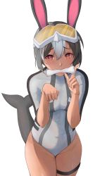 Rule 34 | absurdres, animal ears, bodysuit, bone, commission, commissioner upload, fins, fish tail, goggles, goggles on head, highres, indie virtual youtuber, multicolored hair, non-web source, rabbit ears, red eyes, shark tail, tail, tan, thighs, two-tone hair, virtual youtuber