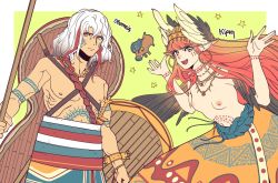 Rule 34 | 1boy, 1girl, alternate costume, ancient greek clothes, arm tattoo, breasts, chest tattoo, circe (fate), circlet, dongsa wonhyong, earrings, fate/grand order, fate (series), feathered wings, feathers, gradient hair, greco-roman clothes, green eyes, grey hair, hair between eyes, head wings, highres, holding, hoop earrings, jewelry, long hair, multicolored hair, neck tattoo, necklace, nipples, odysseus (fate), open mouth, pink hair, pointy ears, red hair, simple background, skirt, small breasts, star (symbol), streaked hair, tattoo, topless, two-tone background, weapon, white hair, wings, yellow eyes