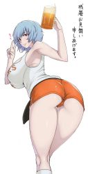Rule 34 | alcohol, ao madoushi, ass, ayanami rei, beer, blush, breasts, hooters, large breasts, legs, neon genesis evangelion, red eyes, short hair, translation request