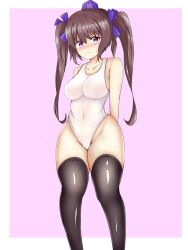 Rule 34 | &gt;:(, 1girl, black thighhighs, blush, breasts, brown hair, commentary, covered navel, curvy, frown, hair ribbon, hat, highres, himekaidou hatate, isshin (sasayamakids), itusin3, leotard, long hair, looking at viewer, medium breasts, nose blush, purple eyes, ribbon, solo, sweat, thick thighs, thigh gap, thighhighs, thighs, tokin hat, touhou, twintails, v-shaped eyebrows, white leotard, wide hips