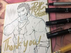 Rule 34 | 1boy, abs, alternate pectoral size, bara, cross, cross necklace, dracule mihawk, frown, hand up, jewelry, large pectorals, looking at viewer, male focus, mature male, muscular, muscular male, necklace, nib pen (medium), one piece, onionworkshop, open clothes, open shirt, pectorals, pencil mustache, photo (medium), shikishi, short hair, solo, spiked hair, traditional media, upper body, wet