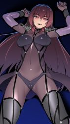 Rule 34 | &gt;:d, 1girl, :d, armor, arms up, blue background, bodysuit, breasts, commentary request, covered erect nipples, covered navel, fate/grand order, fate (series), female focus, from above, gradient background, h kasei, hair between eyes, large breasts, long hair, looking at viewer, lying, naughty face, on back, open mouth, pauldrons, purple bodysuit, purple hair, red eyes, round teeth, scathach (fate), shadow, shoulder armor, smile, solo, standing, teeth, type-moon, upper teeth only, very long hair