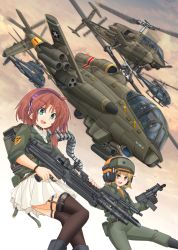 Rule 34 | 2girls, ah-56 cheyenne, aircraft, ammunition backpack, ammunition belt, ammunition chute, arm gun, ascot, assault rifle, attack helicopter, autocannon, automatic grenade launcher, backpack, bag, bell 207 sioux scout, bell helicopter, bell textron, belt-fed, black choker, black footwear, black gloves, black legwear, blonde hair, boots, bracelet, brown hair, brown sky, bullpup, bushmaster arm pistol, cannon, carbine, choke (weapon), choker, commentary request, crew-served weapon, day, diverter choke, electronic firearm, emblem, gatling gun, general-purpose machine gun, gloves, green eyes, green jacket, green jumpsuit, grenade launcher, gun, gun pod, hair tie, hairband, heavy machine gun, helicopter, helmet, highres, holding, holding gun, holding weapon, ironman (ammunition backpack), jacket, jewelry, jumpsuit, lockheed corporation, logo, long pistol, long sleeves, looking at viewer, m129 grenade launcher, m134 minigun, m197 electric cannon, m60, machine gun, medium hair, mikeran (mikelan), military, military uniform, minigun, miniskirt, missile pod, multiple-barrel firearm, multiple girls, multiple others, open mouth, orange headwear, original, outdoors, partial commentary, personal defense weapon, pleated skirt, prototype design, purple hairband, red eyes, rifle, rocket pod, rotary cannon, rotating stock, roundel, s-67 blackhawk, short hair, sikorsky aircraft, skirt, sleeves rolled up, smile, standing, standing on one leg, stock (firearm), submachine gun, thigh strap, thighhighs, trigger discipline, turret, uniform, united states army, weapon, weapon request, white ascot, white skirt, xm188 gatling gun, yah-63