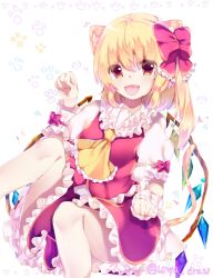 Rule 34 | 1girl, animal ear fluff, animal ears, ascot, blonde hair, bow, cat ears, chisiro unya (unya draw), crystal, fang, feet out of frame, flandre scarlet, frilled ascot, frilled bow, frilled shirt collar, frilled skirt, frilled sleeves, frilled vest, frills, hair between eyes, hair bow, happy, kemonomimi mode, large bow, looking at viewer, multicolored wings, no headwear, open mouth, paw pose, paw print, paw print background, puffy short sleeves, puffy sleeves, red bow, red eyes, red ribbon, red skirt, red vest, ribbon, short sleeves, skirt, skirt set, sleeve bow, sleeve ribbon, smile, solo, thighs, touhou, twitter username, vest, white background, wings, wrist cuffs, yellow ascot
