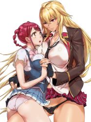 Rule 34 | 2girls, blonde hair, braid, breasts, cameltoe, cat hair ornament, couple, fingerless gloves, girl on top, gloves, gyaru, hair ornament, highres, holding hands, large breasts, looking at another, loose necktie, multiple girls, necktie, red hair, school uniform, shikishima mirei, short twintails, straddling, thigh straddling, thong, tokonome mamori, twin braids, twintails, valkyrie drive, valkyrie drive -mermaid-, yuri, zunta