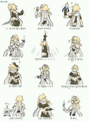 Rule 34 | !, 1boy, 2girls, ?, aether (genshin impact), ahoge, bare shoulders, belt, blonde hair, cape, capelet, censored, censored gesture, closed mouth, dress, emphasis lines, flower, gauntlets, genshin impact, gloves, hair flower, hair ornament, holding, holding sword, holding weapon, korean text, lumine (genshin impact), middle finger, midriff, mosaic censoring, multiple girls, open mouth, paimon (genshin impact), pants, riffle hunter, short hair, short sleeves, simple background, sketch, sparkle, star (symbol), sword, translation request, weapon, white background, white dress, white hair