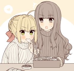 Rule 34 | 2girls, ahoge, bento, blonde hair, blush, braid, breasts, brown eyes, chopsticks, commentary, fate/extra, fate/extra ccc, fate (series), flat color, food, food in mouth, green eyes, grey sweater, hair intakes, hair ribbon, hand up, heart, holding, holding chopsticks, holding food, karokuchitose, kishinami hakuno (female), long hair, long sleeves, medium breasts, multiple girls, nero claudius (fate), nero claudius (fate) (all), nero claudius (fate/extra), open mouth, red ribbon, ribbed sweater, ribbon, sidelocks, speech bubble, spoken heart, sweatdrop, sweater, white sweater