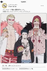 Rule 34 | 3boys, black hair, black jacket, blonde hair, blush, character doll, chest tattoo, closed eyes, donquixote doflamingo, donquixote rocinante, earrings, facial hair, goatee, hand tattoo, heart, heart print, height difference, highres, hood, jacket, jewelry, kanji, looking at viewer, makeup, male focus, multiple boys, muscular, muscular male, one piece, open clothes, open mouth, shirt, short hair, smile, social network, stuffed toy, sunglasses, tattoo, teeth, trafalgar law, upper body, white shirt, yuntyaki cp