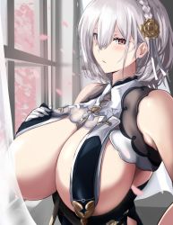 Rule 34 | 1girl, azur lane, breasts, cafekun, convenient censoring, hair between eyes, highres, huge breasts, looking at viewer, one breast out, red eyes, short hair, sirius (azur lane), sirius (azure horizons) (azur lane), solo, taut clothes, white hair