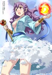 Rule 34 | 1girl, blush, breasts, cleavage, commentary request, curly hair, dragon quest, dragon quest ii, dress, covered erect nipples, fire, imaichi, long hair, magic, open mouth, princess of moonbrook, purple hair, red eyes, solo, staff, weapon