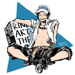 Rule 34 | 1boy, belt, black hair, black pants, brown belt, butterfly sitting, dagger, dated, facing viewer, freckles, grin, hat, itowo (itowc), jewelry, knife, male focus, necklace, one piece, open clothes, open shirt, pants, portgas d. ace, short hair, signature, sitting, smile, solo, weapon