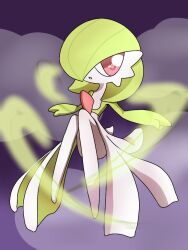 Rule 34 | 1girl, bad id, bad pixiv id, bob cut, cloud, colored skin, creatures (company), female focus, flat chest, game freak, gardevoir, gen 3 pokemon, green hair, green skin, hair over one eye, happy, knees together feet apart, knees up, legs, looking at viewer, multicolored skin, nintendo, one eye covered, pokemon, pokemon (creature), purple background, red eyes, short hair, sitting, smile, solo, split mouth, two-tone skin, white skin, yuri (fl0werspace)