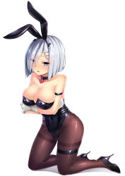 Rule 34 | 10s, 1girl, animal ears, arm strap, bare shoulders, black footwear, black leotard, blue eyes, blush, breast hold, breasts, cleavage, collar, collarbone, covered navel, detached collar, eyebrows, eyelashes, eyes visible through hair, fake animal ears, full body, gloves, hair ornament, hair over one eye, hairband, hairclip, hamakaze (kancolle), heart-shaped lock, high heels, highres, kantai collection, kneeling, large breasts, leotard, looking at viewer, pantyhose, parted lips, playboy bunny, rabbit ears, satou kuuki, self hug, shiny skin, shoes, short hair, silver hair, simple background, skin tight, solo, strapless, strapless leotard, thigh strap, thighband pantyhose, white background, white gloves