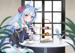 Rule 34 | 1girl, animal ears, asymmetrical gloves, black dress, black gloves, black sleeves, blaze (blazeillust), blue hair, blurry, blurry background, braid, closed mouth, commentary, cup, depth of field, dessert, detached sleeves, dress, ear ornament, food, gloves, highres, horse ears, horse girl, indoors, interlocked fingers, leaning forward, long hair, looking at viewer, mejiro ardan (umamusume), mismatched gloves, own hands together, purple eyes, saucer, sitting, smile, solo, table, tea, teacup, teapot, tiered tray, umamusume, white gloves