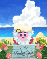 Rule 34 | alternate costume, beach, blue eyes, blue flower, blue sky, blush stickers, cloud, colored skin, commentary, english commentary, flower, flower necklace, hat, hat ornament, highres, jewelry, kirby, kirby (series), kirby cafe, looking at viewer, miclot, necklace, nintendo, no humans, ocean, open mouth, palm leaf, pink flower, pink skin, red footwear, sand, shoes, sign, sitting, sky, smile, star (symbol), star hat ornament, starfish, summer, tropical, white headwear