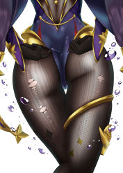 Rule 34 | 1girl, adjusting clothes, artist request, ass, ass focus, cameltoe, from behind, genshin impact, gloves, hair ornament, head out of frame, highres, leotard, long hair, mona (genshin impact), pantyhose, purple hair, shiny clothes, solo, thighlet, torn clothes, torn pantyhose, twintails, very long hair, water