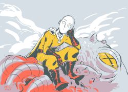 Rule 34 | 1boy, artist request, boots, bored, gloves, looking away, male focus, monster, one-punch man, red footwear, red gloves, saitama (one-punch man), simple background, sitting, solo, tagme