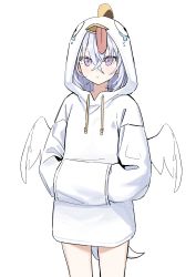 Rule 34 | 1girl, absurdres, angel wings, azusa (blue archive), blue archive, highres, hood, hoodie, looking at viewer, low wings, peroro (blue archive), pink eyes, simple background, syhan, tears, tongue, tongue out, white background, white hair, white hoodie, white wings, wings