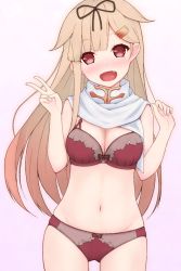Rule 34 | 1girl, :d, asakura meito, bare shoulders, black ribbon, blonde hair, blush, bow, bow panties, bra, breasts, brown hair, cleavage, cowboy shot, dress, fang, gluteal fold, gradient background, gradient hair, groin, hair flaps, hair ornament, hair ribbon, hairclip, hands up, head tilt, highres, kantai collection, long hair, looking at viewer, medium breasts, multicolored hair, navel, nose blush, open mouth, panties, pink dress, red bow, red bra, red eyes, red panties, ribbon, scarf, smile, solo, standing, stomach, straight hair, tareme, thighs, underwear, v, very long hair, white scarf, yuudachi (kancolle), yuudachi kai ni (kancolle)