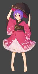 Rule 34 | 1girl, absurdres, arms up, bad id, bad pixiv id, barefoot, blush, bowl, bowl hat, full body, grey background, hat, highres, japanese clothes, kimono, long sleeves, looking at viewer, obi, open mouth, purple hair, red eyes, ribbon, sash, short hair, simple background, sisi:shishi, smile, solo, sukuna shinmyoumaru, touhou, wide sleeves