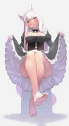 Rule 34 | 1girl, alternate breast size, alternate costume, animal ears, arknights, bare legs, barefoot, black bow, black bowtie, black dress, blush, bow, bowtie, breasts, cleavage, clothes lift, dress, dress lift, enmaided, extra ears, feet, foreshortening, frilled dress, frills, full body, head tilt, highres, horse ears, horse girl, horse tail, large breasts, lifting own clothes, long hair, looking at viewer, maid, maid headdress, parted lips, platinum (arknights), simple background, sitting, solo, tail, toes, traditional bowtie, very long hair, white background, white hair, yamauchi (conan-comy), yellow eyes