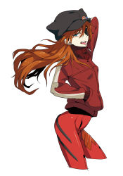 Rule 34 | 10s, 1girl, 9aki, animal hat, blue eyes, brown hair, cat hat, cowboy shot, cropped legs, evangelion: 3.0 you can (not) redo, eyepatch, hand in pocket, hat, jacket, long hair, looking at viewer, neon genesis evangelion, plugsuit, rebuild of evangelion, simple background, solo, souryuu asuka langley, tongue, tongue out, track jacket, white background