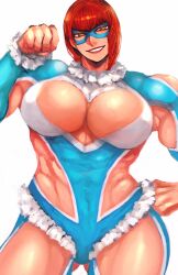 1girl abs breasts capcom cosplay flexing highres large_breasts lipstick makeup marisa_(street_fighter) mask muscular muscular_female rainbow_mika rainbow_mika_(cosplay) red_hair smirk street_fighter street_fighter_6 wrestling_outfit zmnjo1440