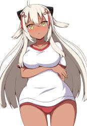 Rule 34 | 1girl, absurdres, ahoge, black bow, blush, bow, breasts, buruma, closed mouth, collarbone, commentary request, cowboy shot, dark-skinned female, dark skin, fate/grand order, fate (series), gluteal fold, gym shirt, gym uniform, hair between eyes, hair bow, hair ornament, head tilt, highres, koha-ace, large breasts, long hair, looking at viewer, majin saber, mitchi, okita souji (fate), okita souji (koha-ace), okita souji alter (fate), red buruma, shirt, short sleeves, silver hair, simple background, solo, very long hair, white background, white shirt, yellow eyes