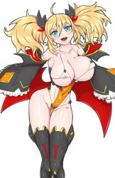 Rule 34 | 1girl, artist request, bare shoulders, blonde hair, blue eyes, blush, boots, bouncing breasts, breasts, breasts out, cameltoe, curvy, fake wings, halloween costume, highleg, highleg leotard, highres, huge breasts, leotard, long hair, onizaki kirara, open mouth, partially visible vulva, shiny skin, simple background, taimanin (series), taimanin rpgx, thong leotard, twintails, very long hair, wings