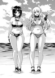 Rule 34 | 10s, 2girls, arm behind back, arms behind back, atago (kancolle), beach, bikini, breasts, cleavage, detached collar, fur collar, gloves, highres, kantai collection, large breasts, legs, looking at viewer, monochrome, multiple girls, navel, ocean, open mouth, sandals, short hair, side-tie bikini bottom, smile, standing, swimsuit, tachibana roku, takao (kancolle), v