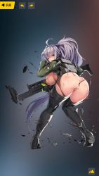 Rule 34 | 1girl, ahoge, ass, assault rifle, backboob, bent over, blue eyes, boots, breasts, cameltoe, curvy, feet, from behind, full body, gnome (last origin), gun, high ponytail, highres, holding, holding weapon, huge ass, huge breasts, jacket, last origin, legs, long hair, looking at viewer, looking back, official art, one eye closed, open mouth, ponytail, purple hair, pussy, rifle, simple background, solo, standing, thick thighs, thigh boots, thighhighs, thighs, torn clothes, weapon, wide hips