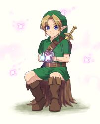 Rule 34 | 1boy, belt, blonde hair, blue eyes, boots, brown footwear, commentary request, fairy, green tunic, highres, holding, holding jar, jar, link, male focus, navi, nintendo, pointy ears, shinae, short hair, simple background, sitting, sitting on tree stump, solo, sword, the legend of zelda, the legend of zelda: ocarina of time, tree stump, weapon, weapon on back, white background, young link
