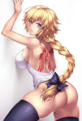 Rule 34 | 1girl, against wall, armpits, ass, back tattoo, backless outfit, bare shoulders, black thighhighs, blonde hair, blue eyes, blush, bottomless, braid, breasts, command spell, commentary request, fate/apocrypha, fate/grand order, fate (series), from behind, hair between eyes, hair ribbon, highres, jeanne d&#039;arc (fate), jeanne d&#039;arc (girl from orleans) (fate), jeanne d&#039;arc (ruler) (fate), large breasts, long braid, long hair, looking at viewer, looking back, md5 mismatch, nasaniliu, no panties, parted lips, resolution mismatch, ribbon, sideboob, solo, source larger, tattoo, teeth, thighhighs, very long hair