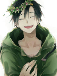 Rule 34 | 1boy, black hair, closed eyes, crying, flower, fujiori (ayacoe727), hood, hoodie, kagerou project, male focus, open mouth, seto kousuke, short hair, simple background, smile, solo, tears, upper body, white background